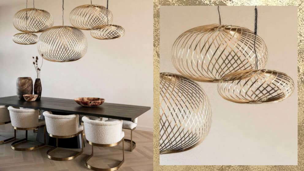 Foto: donker eiken eettafel van Table du Sud en Tom Dixon Spring hanglamp