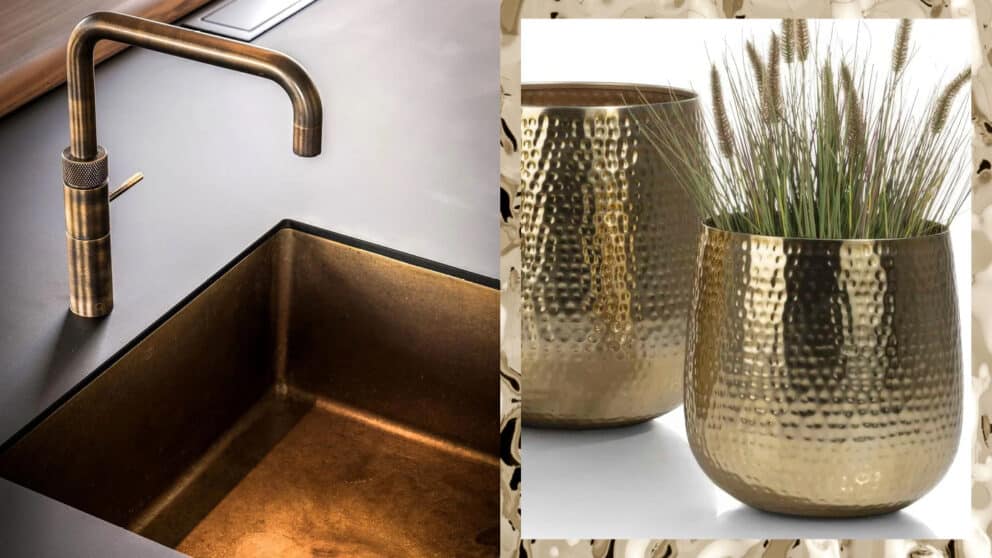 Foto: Quooker kraan Fushion in patina messing en bloempotten Coins van Hoogenboezem